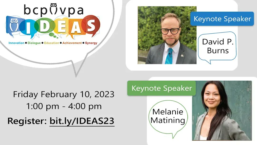 The Feb 10 <a href="/bcpvpa/">BC Principals' & Vice-Principals' Association</a> IDEAS Forum invites your engagement &amp; voice as we evolve our #LeadershipStandards. Keynotes Dr. David Burns, <a href="/KPUmedia/">KPU News</a> &amp; Melanie Matining, #TheoryOfChange, along with dazzling Stories That Shift. Join us in person, or virtually!

bit.ly/IDEAS…