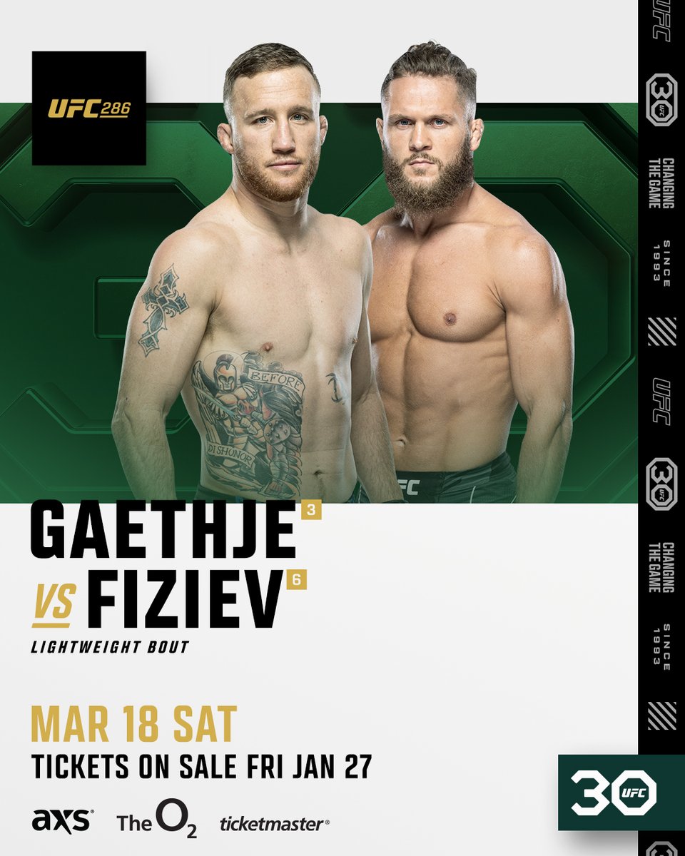 UFCEurope's tweet photo. Official for #UFC286 in London! 🇬🇧

🏆 Leon Edwards vs Kamaru Usman
🔥 Justin Gaethje vs Rafael Fiziev

Get your tickets next week 🎟️ https://t.co/ZBbH1iEv0K https://t.co/XVvDqGZaSV