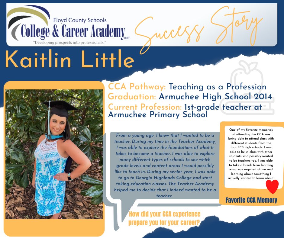 FloydCCA's tweet photo. Check out this month’s CCA Success Story!! Kaitlin Little, an alumnus of the Teaching as a Profession pathway, now works at @GlenwoodPrimary as a 1st-grade teacher!! Way to go! 👩‍🏫 🍎 ✏️ https://t.co/UDC1xAaW62