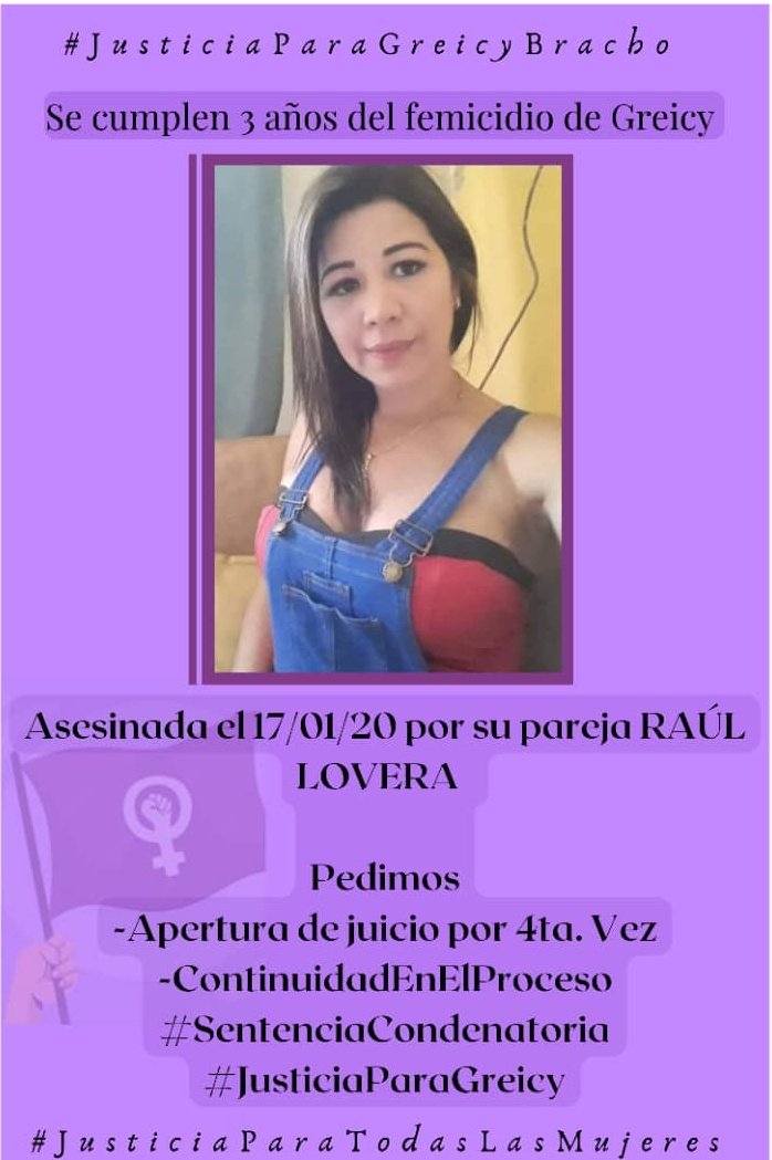 manuelita1504's tweet photo. #17Ene
#Femicidio #Carabobo
#SeCumplen3Años
17/1/20: Greicy Bracho (40)
Murió a consecuencia de #Golpiza que le propinó su esposo RAÚL LOVERA (42) 
DEJÓ 2 hijos de la relación.
#AperturaDeJuicio 
#ContinuidadEnElProceso
#SentenciaCondenatoria 
#JusticiaParaGreicy
@Tsj_CaraboboOfc https://t.co/OaCGNyC7oY