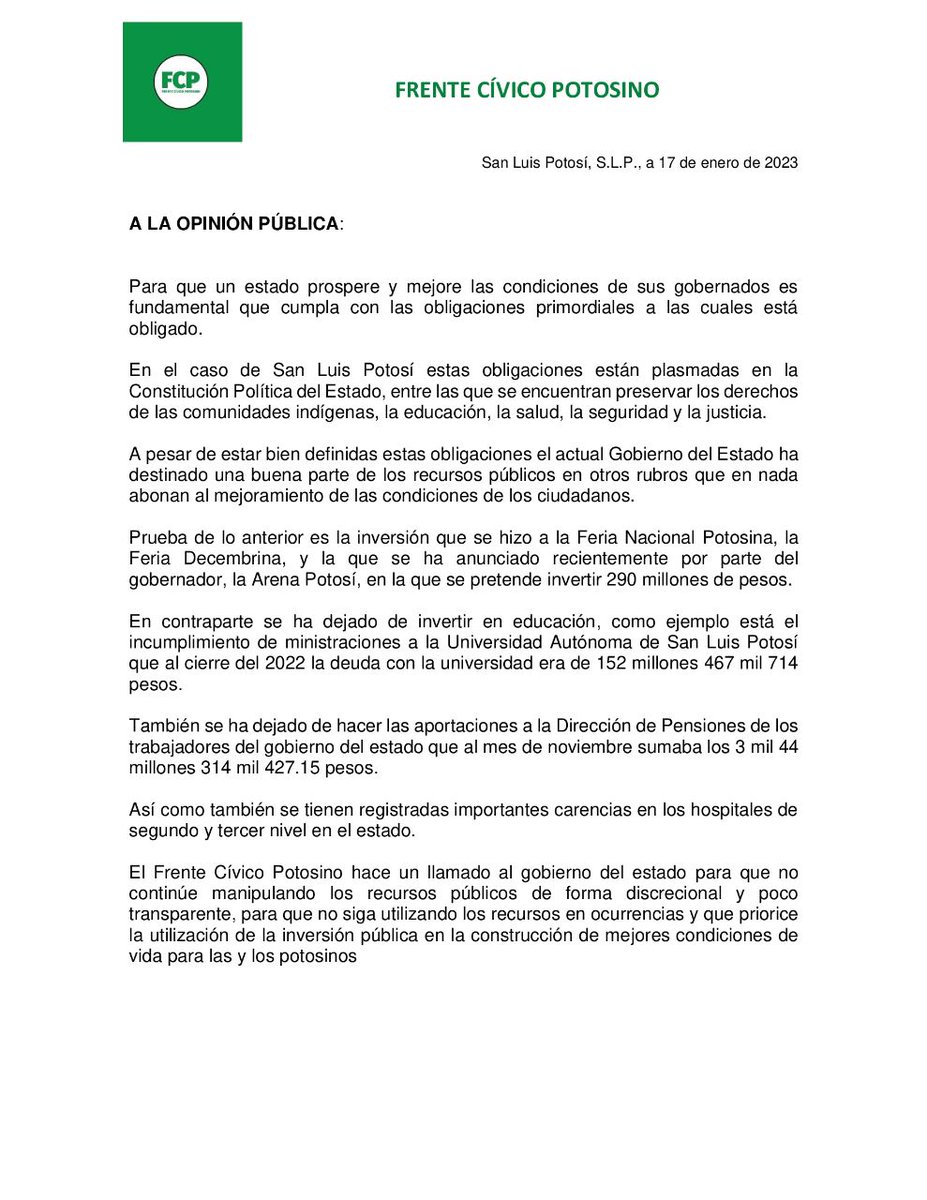 <a href="/FrenteCivicoP/">Frente Cívico Potosino</a>  hace un llamado al gobierno del estado para utilice la inversión pública en la construcción de mejores condiciones de vida de los ciudadanos. <a href="/Milenio/">Milenio</a> <a href="/pulso_mx/">Pulso Online</a> <a href="/JornadaSanLuis/">La Jornada San Luis</a> <a href="/SinEmbargoMX/">SinEmbargo</a> <a href="/Reforma/">REFORMA</a> <a href="/AntenaSanLuis/">Antena San Luis</a> <a href="/julioastillero/">Julio Astillero</a> <a href="/MXvsCORRUPCION/">Mexicanos Contra la Corrupción</a> <a href="/CiudadanosObser/">CiudadanosObserva</a>