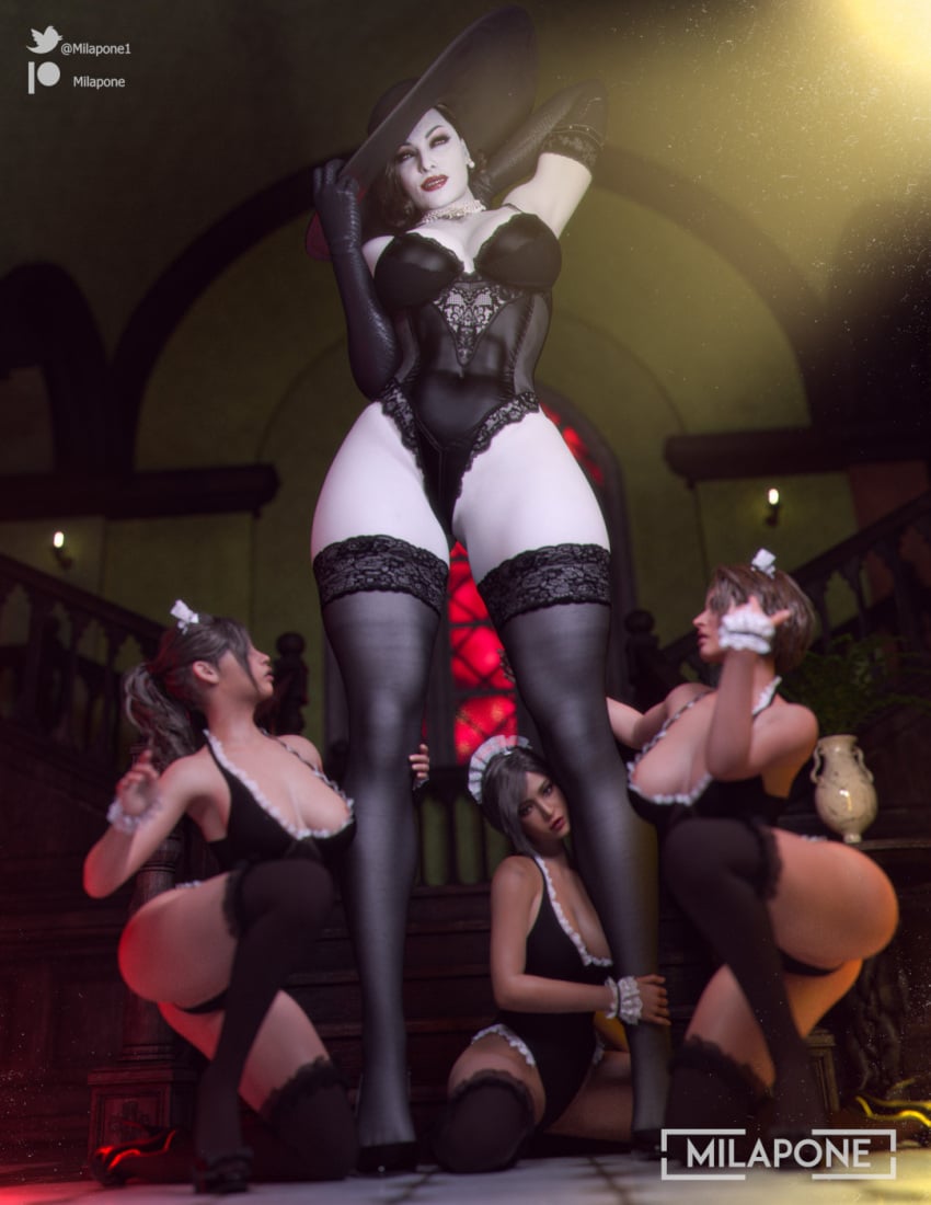 RedfieldSlutty's tweet photo. Me ,jill &amp; ada are the new maids of Lady Dimitrescu @housedemitrescu😏🤭 https://t.co/N9TFPSBTsV