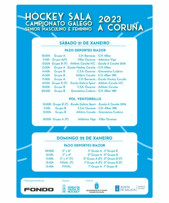 AthleticCoruna's tweet photo. 🏑 𝐂𝐚𝐦𝐩𝐢𝐨𝐧𝐚𝐭𝐨 𝐠𝐚𝐥𝐞𝐠𝐨 𝐝𝐞 𝐡ó𝐜𝐤𝐞𝐲 𝐬𝐚𝐥𝐚, nas categorías sénior masculina e feminina. 
A competición terá lugar de maneira simultánea, os días 21 e 22 de xaneiro, no polideportivo do Ventorrillo e no Pazo dos Deportes de Riazor.
https://t.co/gKc5Eapxod https://t.co/jEdiReZoBb