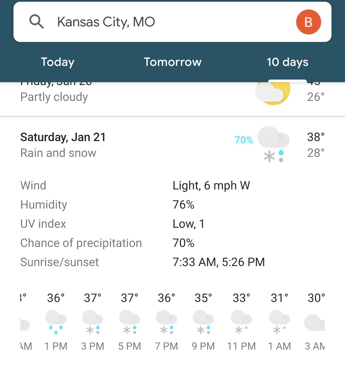 FLBigMac's tweet photo. Forecast Is Rain/Snow As Of Right Now For The Jags VS Chiefs Divisional Playoff Game In KC 🐆 @jaguars @1010XL @wjxt4 #DUUUVAL #Jags #Playoffs #Snow #Rain #DontMatter #Momentum #Win https://t.co/vj0hXU58qh