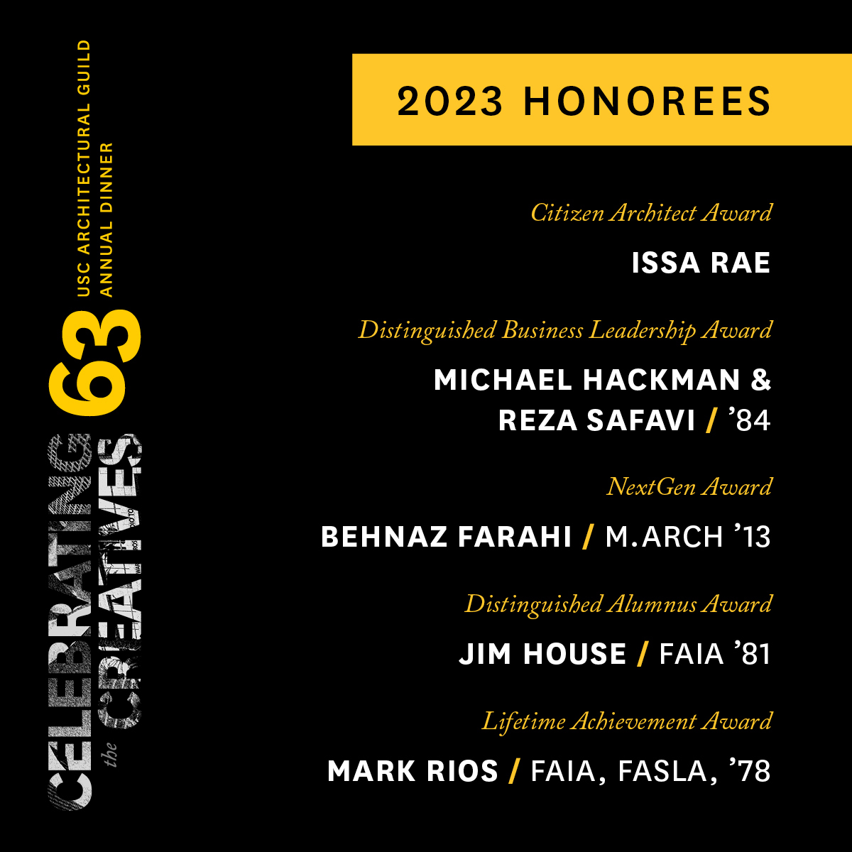 USC Architecture (@uscarchitecture) on Twitter photo Congratulations to the 2023 USC Architectural Guild Awards honorees: Issa Rae, Michael Hackman, Reza Safavi, Behnaz Farahi, Jim House, and Mark Rios. Join <a href="/USCArchitecture/">USC Architecture</a> on March 21 at Warner Bros. Studios. Tickets available beginning Feb15.
buff.ly/3GRhSHK Congratulations to the 2023 USC Architectural Guild Awards honorees: Issa Rae, Michael Hackman, Reza Safavi, Behnaz Farahi, Jim House, and Mark Rios. Join <a href="/USCArchitecture/">USC Architecture</a> on March 21 at Warner Bros. Studios. Tickets available beginning Feb15.
buff.ly/3GRhSHK