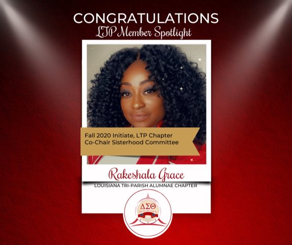LTPDST's tweet image. Rakeshala Grace, a Fall 2020 initiate of the LTP is recognized as one of our Spotlight Sorors of the Month. She has served as a member of the Education Committee, Red Stiletto Committee, and currently serves as Co-Chair of the Sisterhood Committee. She is a valuable asset to LTP!