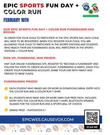 Seu filho já se inscreveu para participar do nosso EPIC Sports Day? Acontecerá no dia 10 de fevereiro e está disponível para TODOS os alunos PK - 5 que estiverem matriculados no site. Registre seu filho usando este link: epicwes.causevox.com