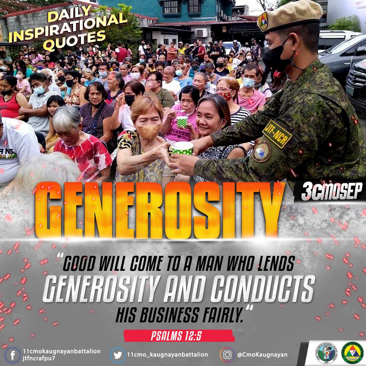 CmoKaugnayan's tweet photo. "Good will come to a man who lends generosity and conducts his business fairly." -Psalm 12:5

Follow us on:
Instagram: https://t.co/rYm0grQHuP
Facebook: https://t.co/qo0je6B8Iq

#KaugnayanParaSaKapayapaan 
#ParaSaBayan
#AFPyoucanTRUST https://t.co/HTpRYmyy7u
