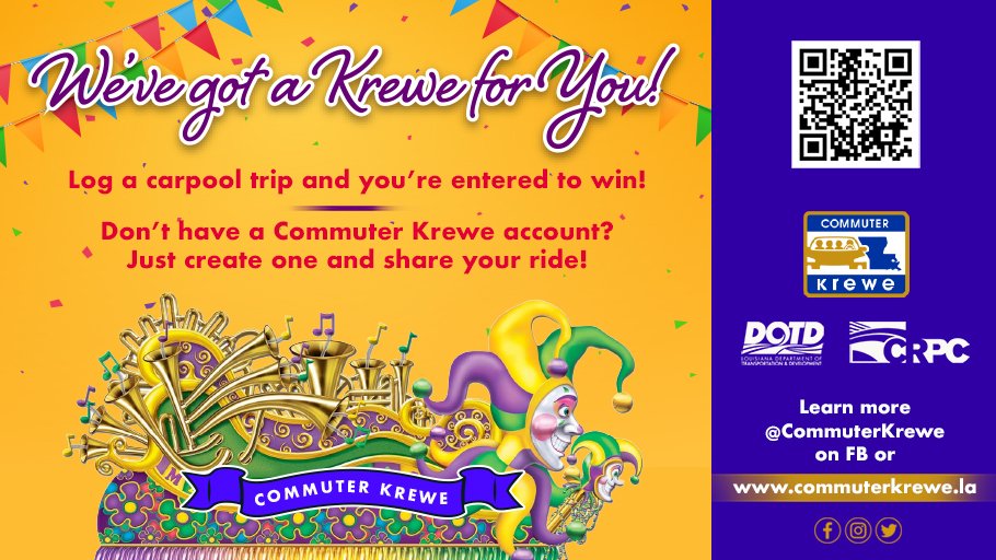 CRPCLA's tweet photo. What better way to celebrate Mardi Gras than by riding on an actual float like in the Krewe of Oshun or Krewe of Southdowns in BR! How can you win? Simply log a carpool trip or work-from-home day using the free Commuter Krewe App and you're entered to win. https://t.co/Pt1XsJBmdz