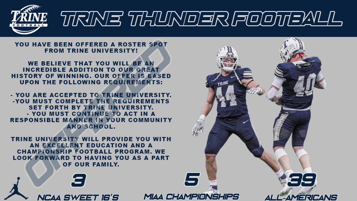 BryceSmith21's tweet photo. I am extremely excited to announce I have received an official to @TrineThunderFB! Really like the coaches and facilities here!#GoThunder https://t.co/Awk3Zy0HuW