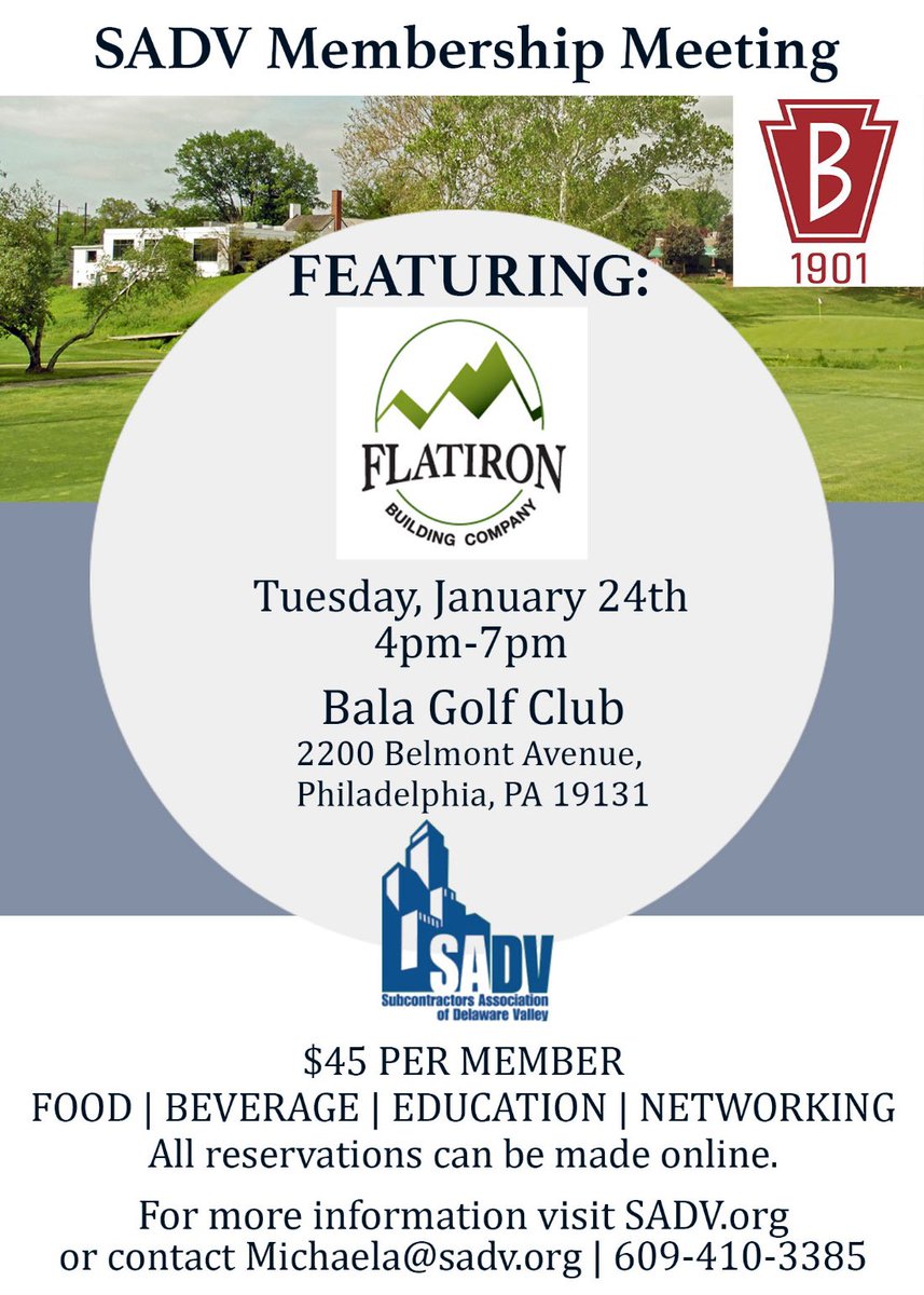 SadvPhilly's tweet photo. Don’t forget to register for the SADV Membership Meeting online at https://t.co/l3cYjmczdm. Featuring Flatiron Building Company. Networking, Cash bar, Appetizers and Pasta Station. 

#phillycontractor #construction #subcontractor #philadelphia #sadvphilly https://t.co/GJxutzbSS9