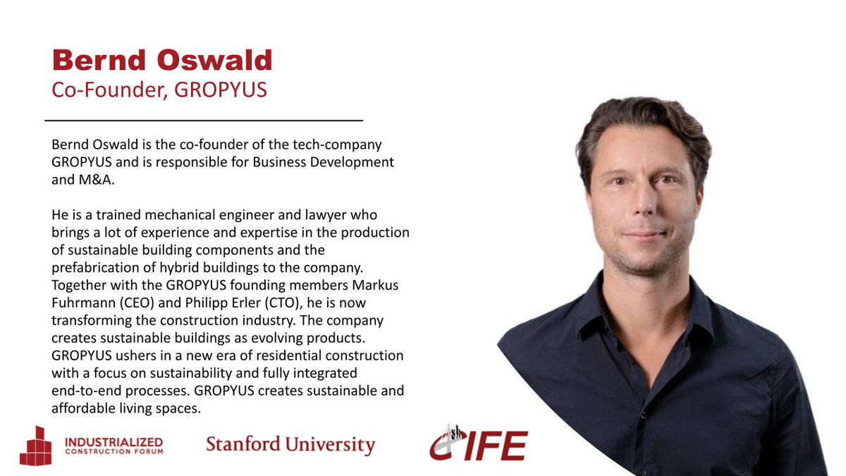 Bernd Oswald, Co-Founder at GROPYUS, will join us on February 7th 2023 at the Industrialized Construction Forum.
Read more about him and his work below!