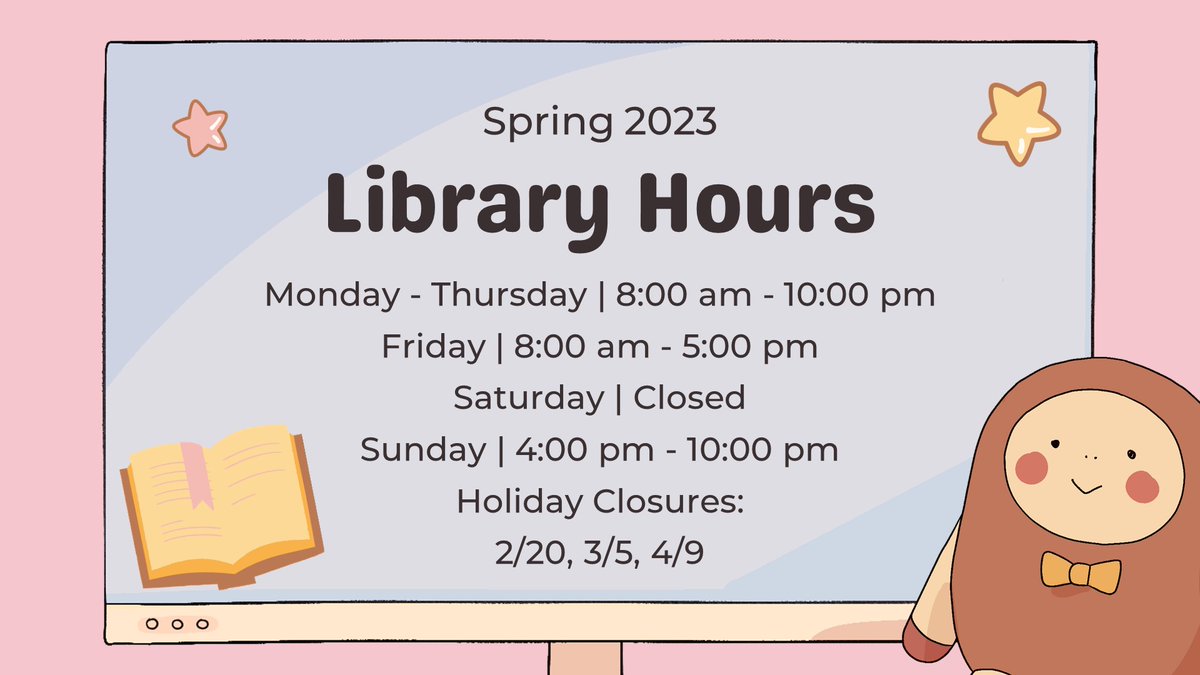 MSUBLib's tweet photo. We're super excited to kick-off Spring 2023! Library Hours for the Semester will be M-Th 8am - 10pm, Friday 8am - 5pm and Sunday 4pmp - 10pm. Stay tuned for information about upcoming events! :) https://t.co/aROkScvCq1