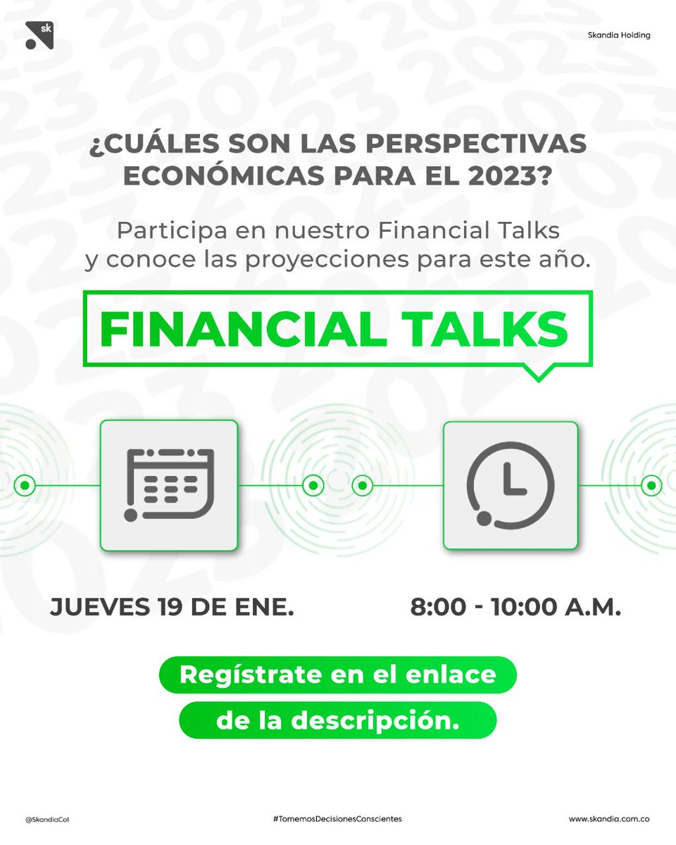 SkandiaCol's tweet photo. Regístrate aquí 👉https://t.co/zmD71JLpjc y participa en nuestro próximo Financial Talks.
¡Inicia el año informado y tomando las mejores decisiones de inversión! 📈
📆Jueves 19 de enero.
🕚8A.M.
#FinancialTalks #Skandia #perspectivaseconomicas #inversiones https://t.co/ZtG2ylWDjx