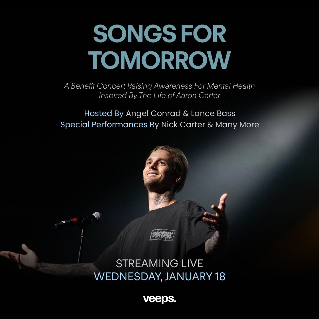 nickcarter's tweet photo. Songs For Tomorrow will be exclusively streaming on @Veeps this Wednesday. Please join us from wherever you are and help us raise awareness for mental health, with 100% of the proceeds being donated to @OnOurSleevesOfficial. 
https://t.co/0e8n41uq6N https://t.co/rG6ReWLflh