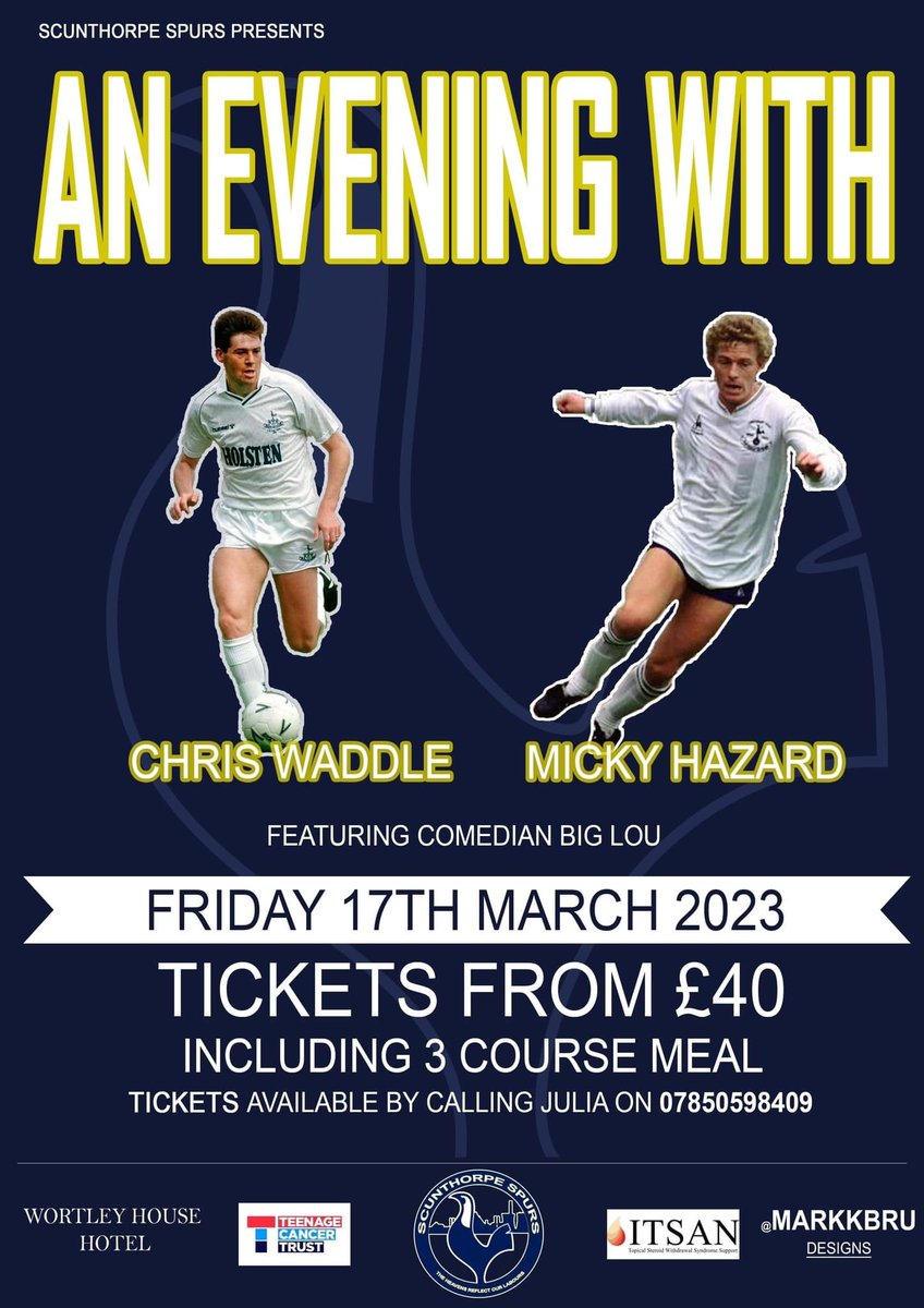 Scunthorpe Spurs presents an evening with <a href="/1MickyHazard/">Micky Hazard 525</a> and <a href="/chriswaddle93/">Chris Waddle</a> at The Wortley House Hotel. Tickets available from £40. #COYS