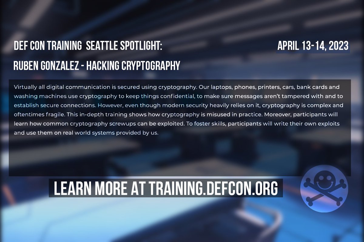 One of the classes offered at the Seattle DEF CON Trainings will be the Ruben Gonzalez offering 'Hacking Cryptography'.  Get the full details at training.defcon.org

#defcon #defcontraining #rubengonzalez #cryptography #crypto  #seattle