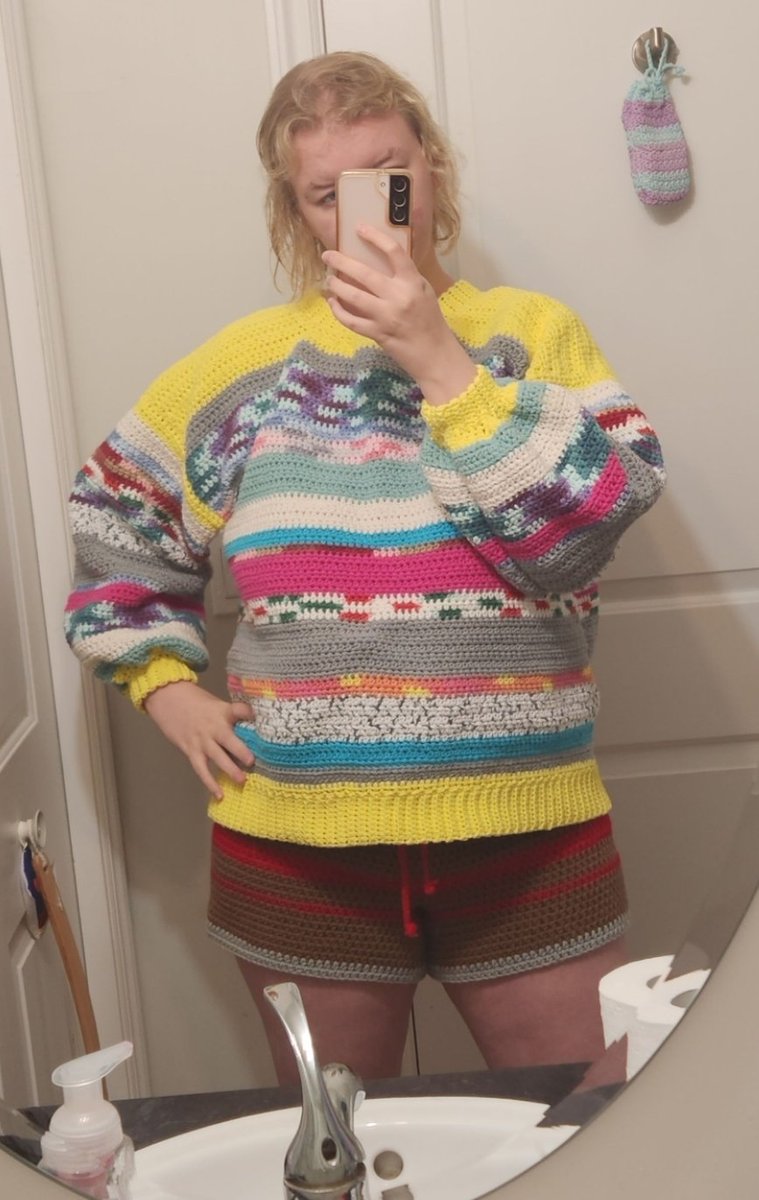 Mitzyshiyaa's tweet photo. My first ever crocheted sweater and shorts 😂 cotton sweater with some leftover yarn and acrylic shorts no pattern for both just winged it #crochet #crochetsweater #crochetshorts #yarn https://t.co/wzLb8ZxBSu