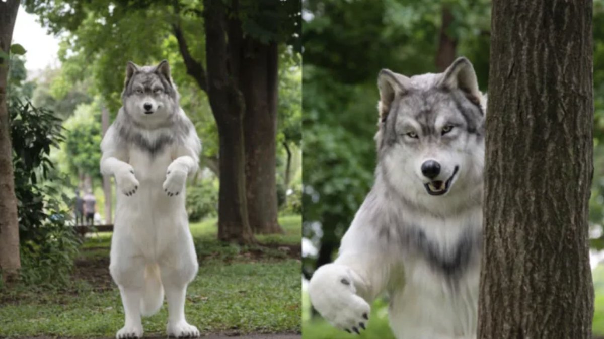 OnAirKB's tweet photo. As heard on 4:20 What Are You High? segment, the man who spent $23K on a costume to look like a hind leg walking wolf. #WAYH https://t.co/kJRuq0lOJI