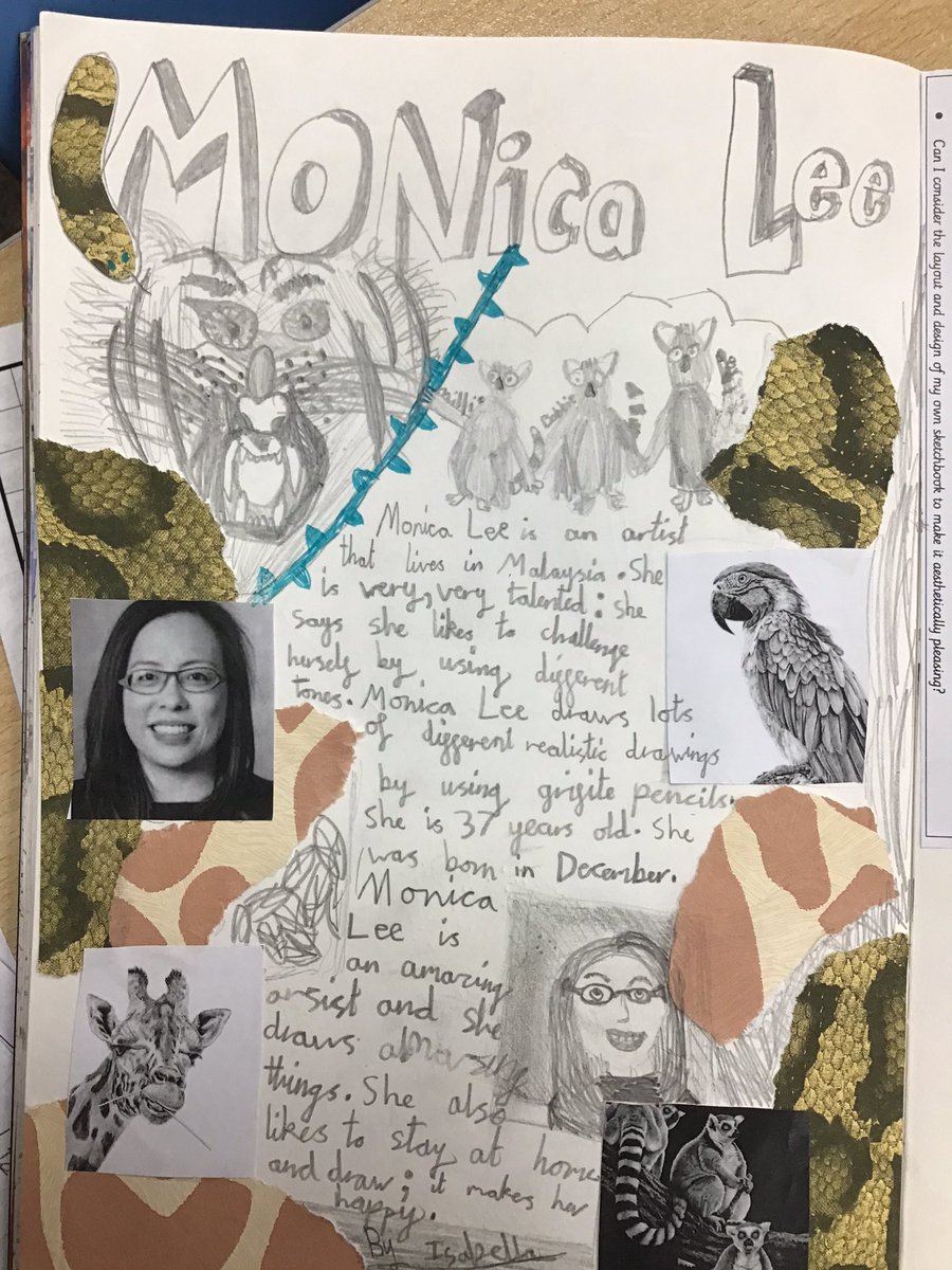 MissCunniffe's tweet photo. Another creative art lesson: the children presented their artist research in their own way! What a great start to our drawing unit focusing on Monica Lee! @LeighSTJOHNSsch #developingartists #artskills #sketchbook #animalsketches https://t.co/TG1Rj10S0D