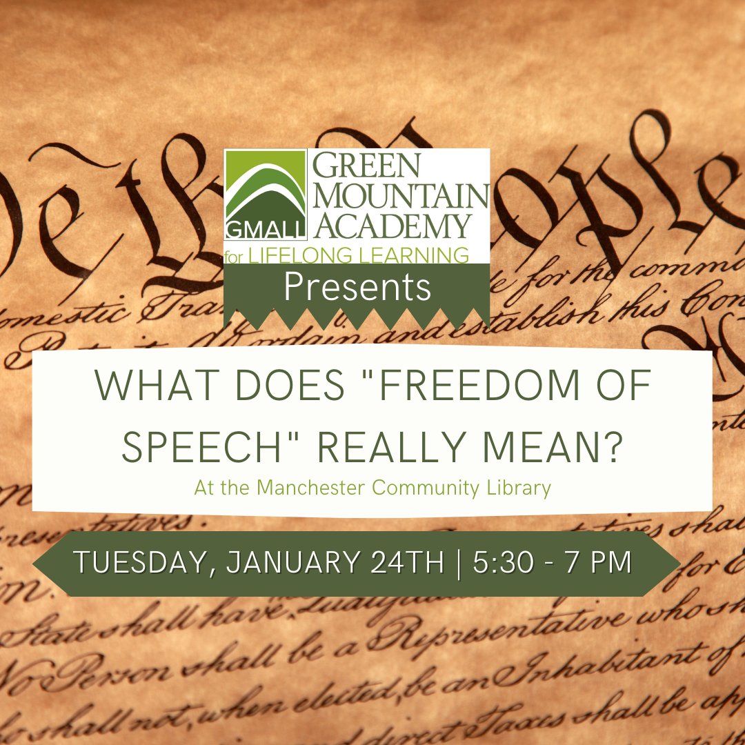 manchestervtLIB's tweet photo. NEXT TUESDAY join GMALL at the MCL for their program "What Does 'Freedom of Speech' Really Mean?" They have donated a limited number of seats to MCL patrons free of charge. Sign up today at https://t.co/rjzSrN1KkL

#MCLVT #ManchesterVT #GMALL #FreedomOfSpeech #FirstAmendment https://t.co/EqyQhqmlVy