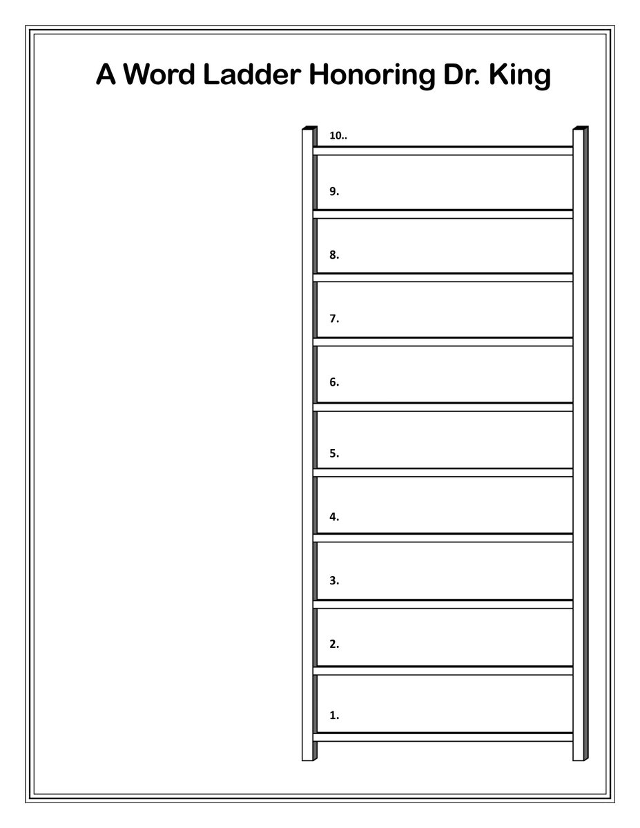 TimRasinski1's tweet image. Word Ladder Wednesday!
Here's a Word Ladder that focuses on some inspirational words of Dr. Martin Luther King Jr.

“Hate cannot drive out hate: only love can do that.” 
@ILAToday @ascd  @DyslexiaIDA @reading_league