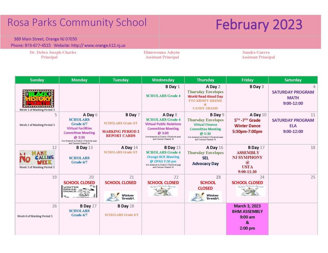 Monthly, each district school shares a calendar of events and activities with their families. See the February 2023 calendar for Rosa Parks Community School. #GoodtoGreat #MovingIntoGreatness #OrangeStrong💪🏾