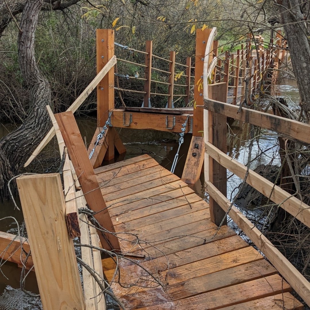 sdmba's tweet photo. ⚠️ San Diego Trail Update ⚠️
With Penasquitos Creek cresting at over 10 feet over the weekend, the Wagon Wheel Bridge is still standing and structurally sound. 🌧️
The SDMBA trail maintenance team will begin repairs early next week. ⚒️
Stay tuned for trail updates. 👍
#SDMBA https://t.co/rWhQlAMzlH