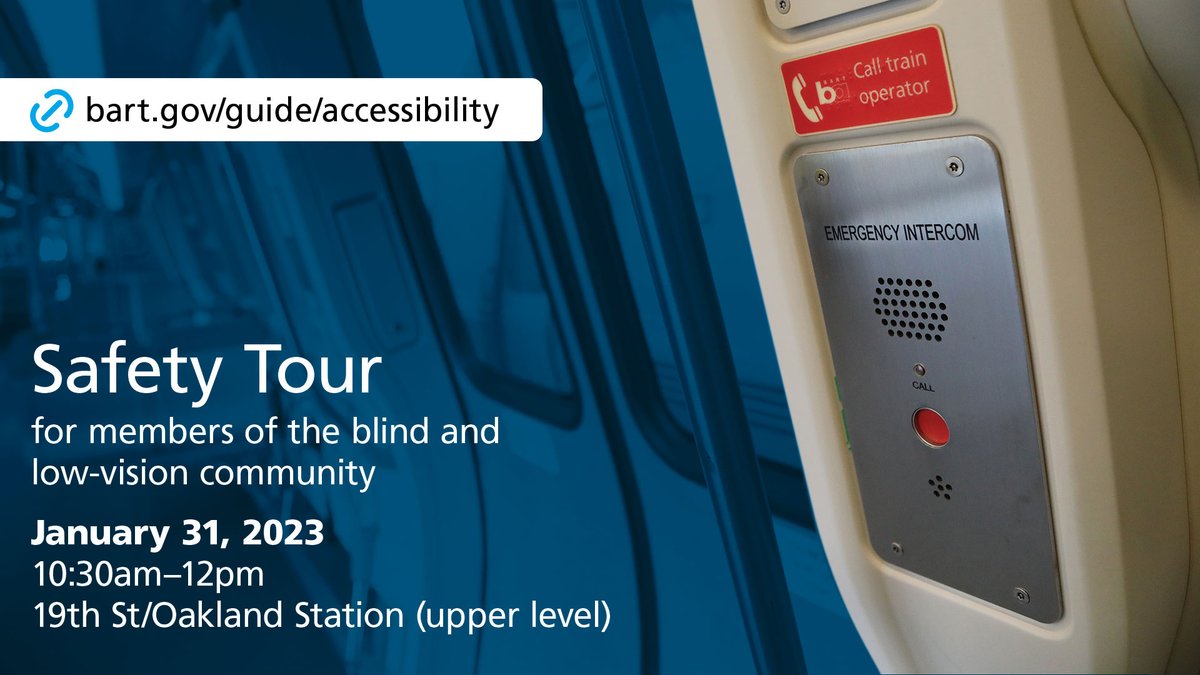 SFBART's tweet photo. BART is inviting members of the blind and low-vision community to a safety orientation on an out-of-service Fleet of the Future train at 19th Street Oakland Station on January 31. 

The orientation will be open to the public from 10:30 am until noon on the upper platform. https://t.co/qdu0kh4NX1