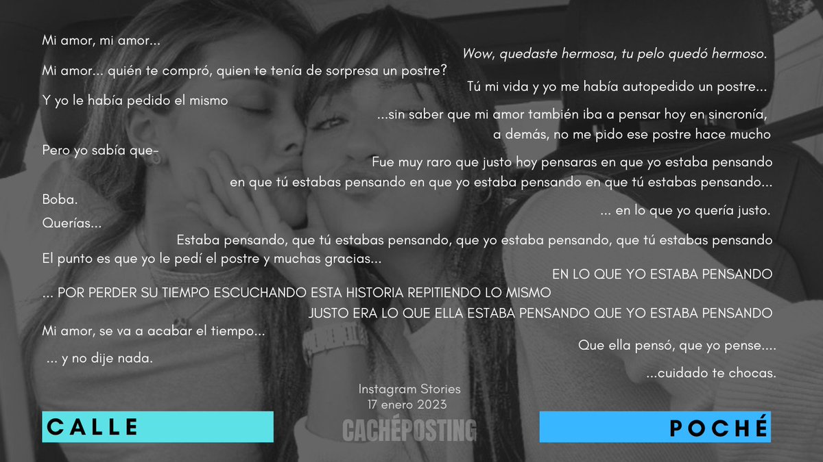 cacheposting's tweet image. Calle y Poché + el postre.

- Fue muy raro que justo hoy pensaras en que yo estaba pensando 
en que tú estabas pensando en que yo estaba pensando en que tú estabas pensando... 
- Boba.