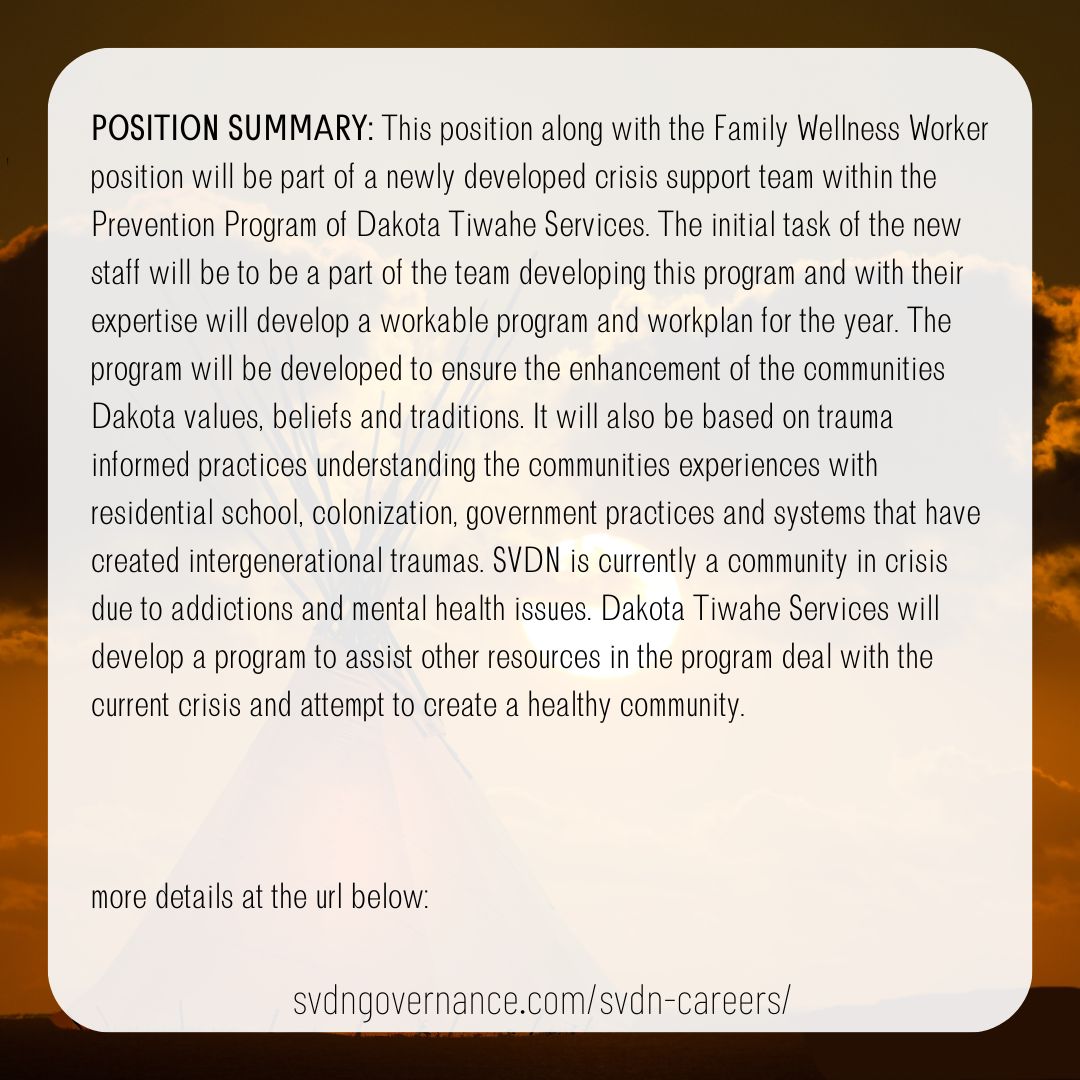SVDN_DTS_Family_Addictions_Worker_FT_2023.01.27_202301
Deadline: January 27, 2022 4pm

svdngovernance.com/svdn-careers/