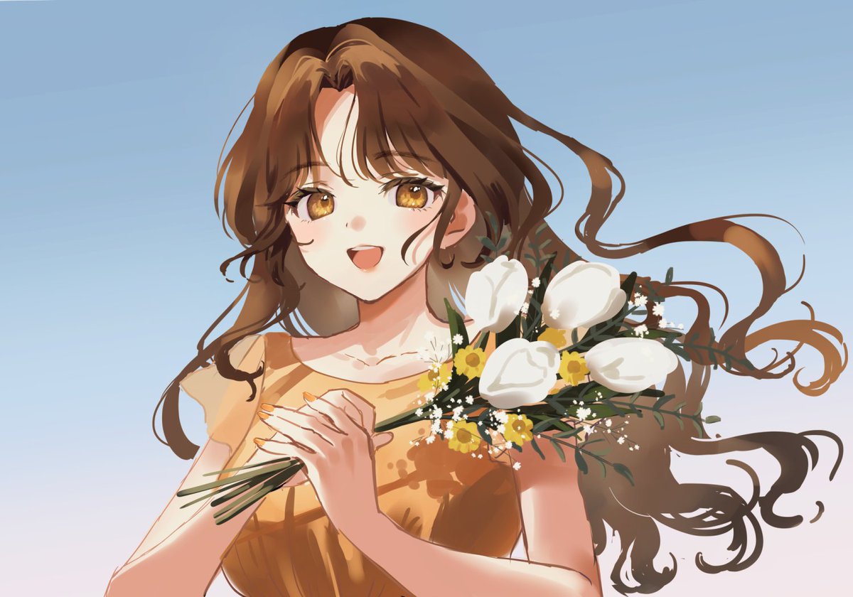 1girl flower solo brown hair holding long hair smile  illustration images