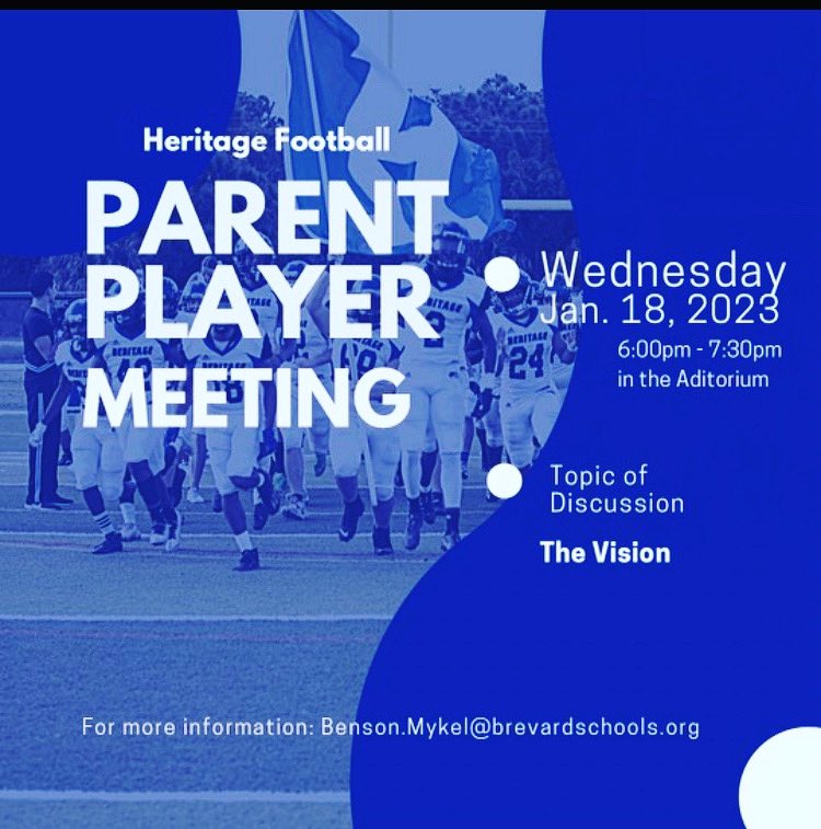 Please remember about the parent meeting tomorrow at 6pm in the Heritage Auditorium. HC Myke Benson will be going over a lot of details about the program,so if your son is playing 2023 spring/summer you need to be there. Weds January 18th at 6:00 pm in the Heritage Auditorium.