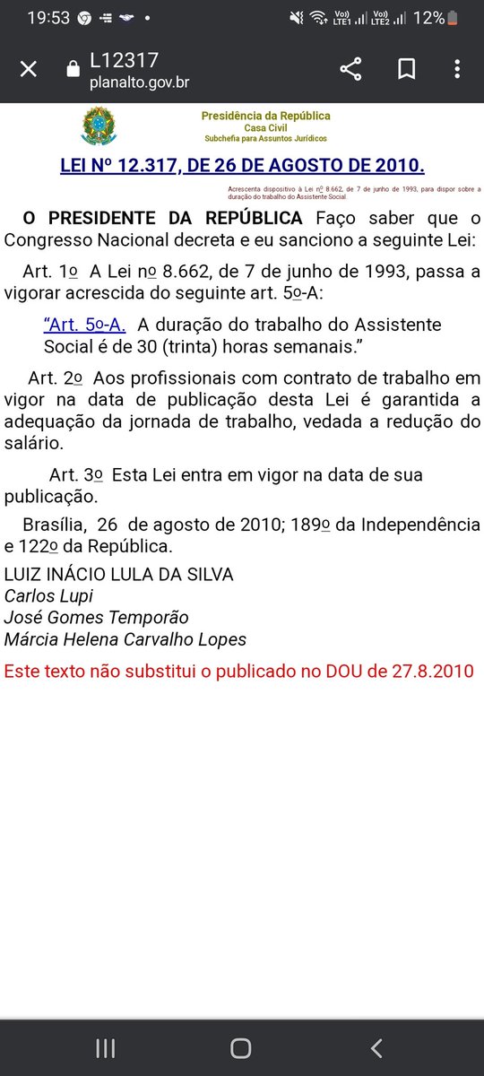 SandroSandro41's tweet photo. @LulaOficial @JanjaLula @CarlosLupiPDT Os Assistentes Sociais tem uma Lei específica de 30 horas de trabalho semanais,  que não está sendo respeita, nem mesmo no Serviço Público. https://t.co/KSMC1fWWDo