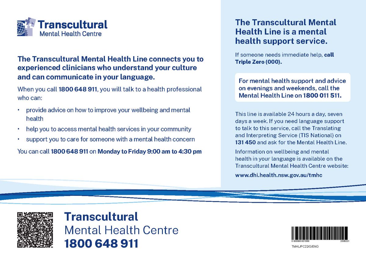 NSWMHC's tweet photo. The Transcultural Mental Health Line is a telephone service available to support people who live in #NSW, from culturally &amp; linguistically diverse communities. Call the Transcultural #MentalHealth Line on 1800 648 911. (The line operates Monday to Friday from 9:00am to 4:30pm.) https://t.co/KesG7oiBAy