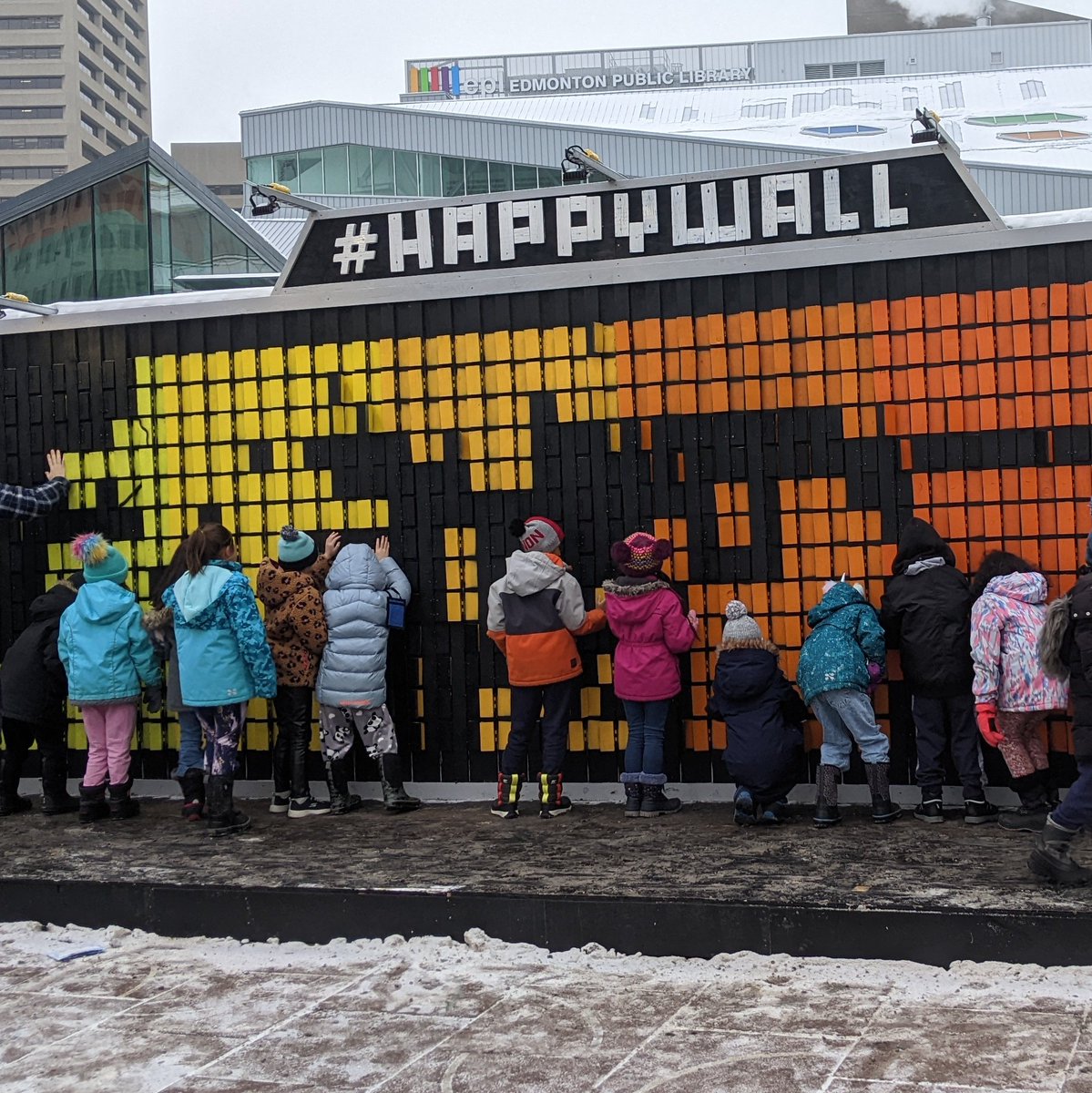 CityHallSchool's tweet photo. Michael A Kostek grade 2s helped brighten up Churchill Square at the Happy Wall! We all agreed it definitely made us happier to see some colour on a grey day.
#happywall https://t.co/WNnv2FNj3U