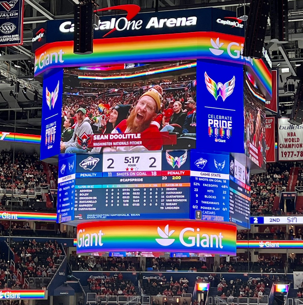 NatsBullpenCart's tweet photo. Somebody photobombed @EireannDolan on the jumbotron at #CAPSPRIDE. Rude. 🏳️🌈 https://t.co/Eev7cYpsM8