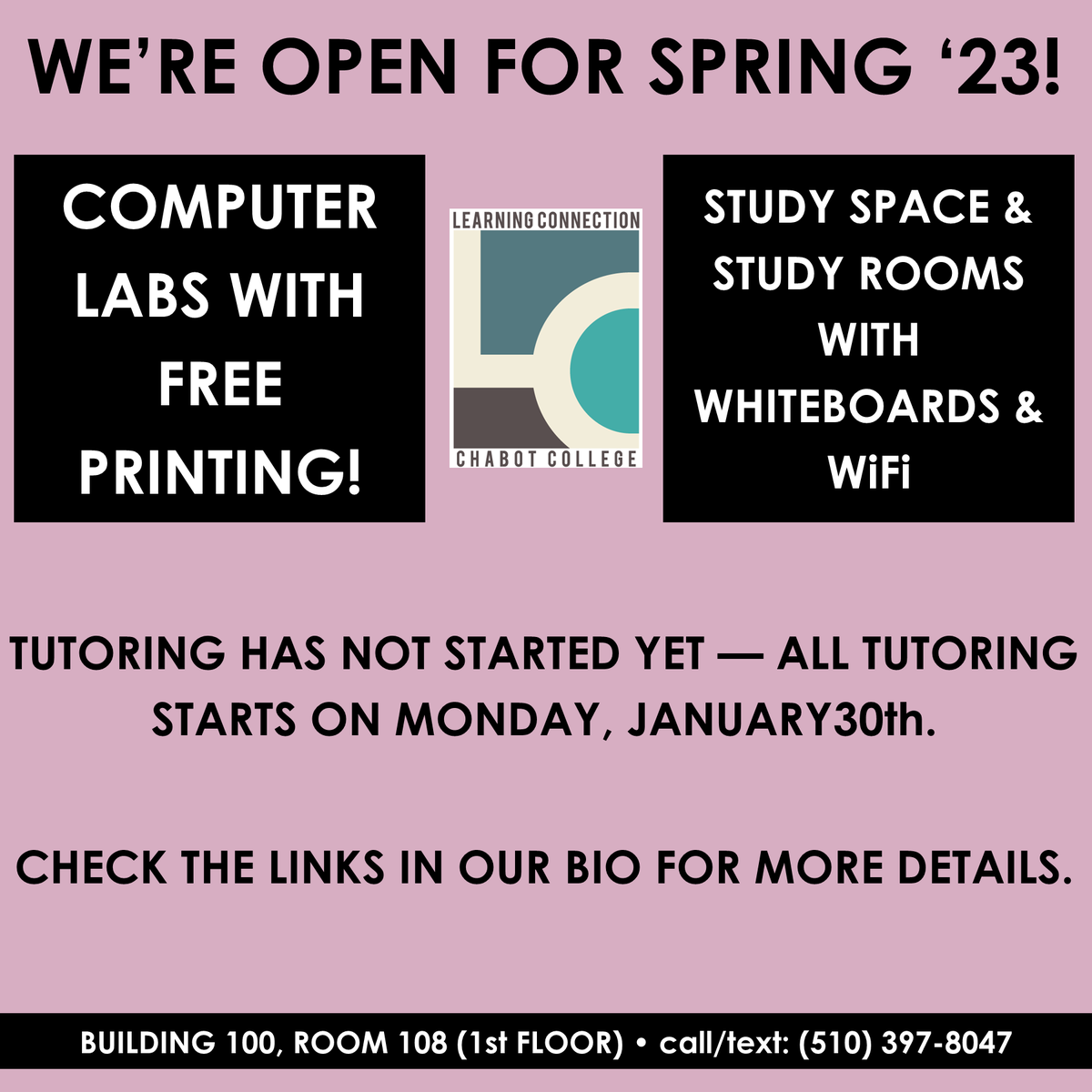 Chabot_LC's tweet image. We're open!

#chabotcollegelearningconnection #chabotlearningconnection #learningconnection #chabotcollegewraccenter #chabotwraccenter #wraccenter #wrac #chabotcollegestemcenter #chabotstemcenter #stemcenter #chabotcollegecommlab #chabotcommlab #commlab #chabotcollege #chabot