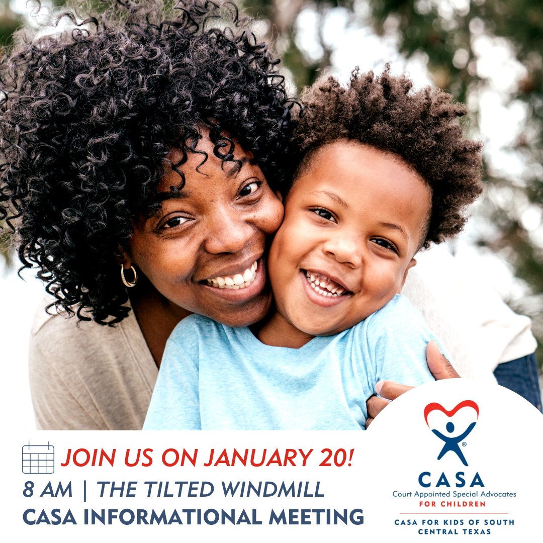 Take the first step to #BecomeaCASA #volunteer by attending our info meeting on Friday (1/20) at 8am at The Tilted Windmill in #BrenhamTx! Learn more at wespeak4kids.org/become-a-casa, and be sure to check out our latest newsletters and other upcoming events on our website!

#fosterkids
