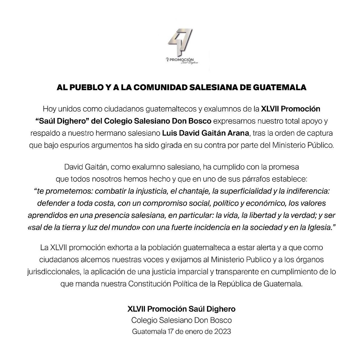 cmendeza's tweet photo. La promoción de David Gaitán, exmandatario de CICIG, respalda a su compañero de clase:  

"Exijamos al Ministerio Público una justicia imparcial" https://t.co/9CCw2kMwhY