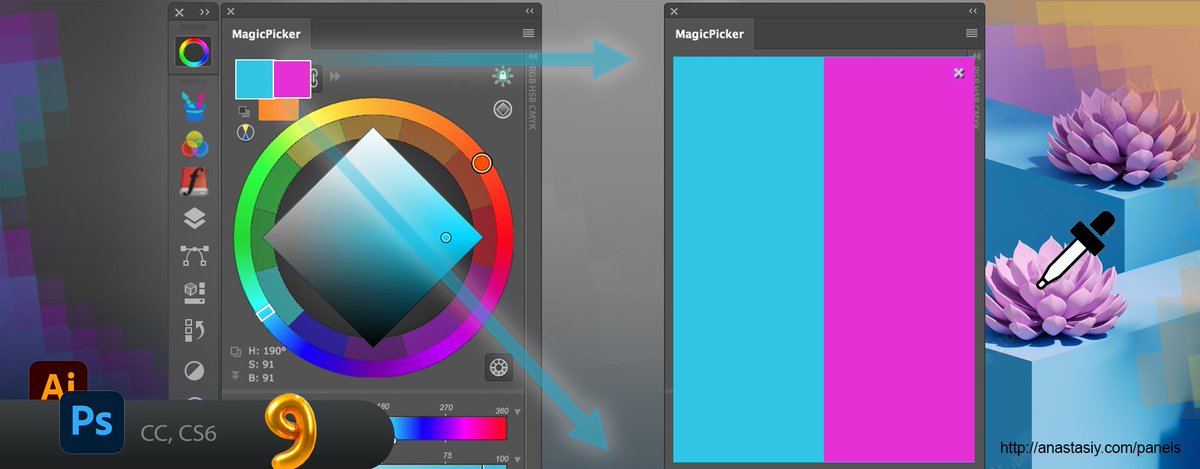 PhotoshopPanels's tweet photo. Tip#119:  ☄️ Unleash a HUGE realtime preview of current #Photoshop color. Simply alt-click on the foreground in MagicPicker 9 and activate Realtime preview in Settings. Then drag  eyedropper across your #digitalart  https://t.co/3CBa4DfTeD https://t.co/guZAGXKUCI