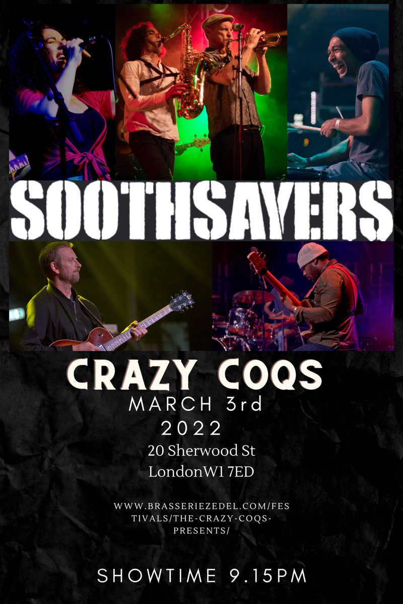 Soothsayers (@soothsayersband) on Twitter photo See us on 3rd March <a href="/CrazyCoqs/">Crazy Coqs</a> in Piccadilly tickets from <a href="/BrasserieZedel/">Brasserie Zédel</a> can't wait to see you there <a href="/jazzfm/">Jazz FM</a> <a href="/ReggaeLondon/">London Reggae</a> See us on 3rd March <a href="/CrazyCoqs/">Crazy Coqs</a> in Piccadilly tickets from <a href="/BrasserieZedel/">Brasserie Zédel</a> can't wait to see you there <a href="/jazzfm/">Jazz FM</a> <a href="/ReggaeLondon/">London Reggae</a>