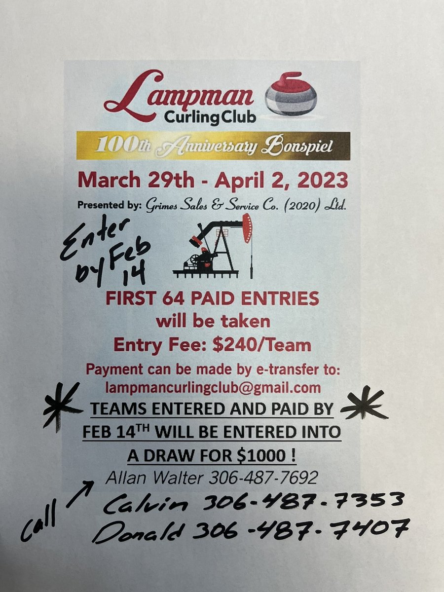 KirkJohn31's tweet photo. The momentum is building !!!! Get your team entered by Feb 14 and 1 team will win a 1000 bucks . Please Share #lampmancurlingclub https://t.co/LSMlCpylXR
