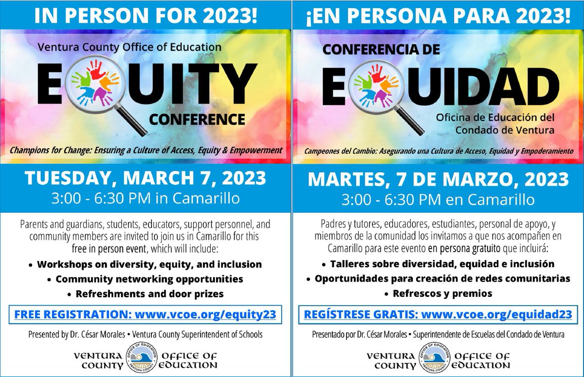 Registration is now open for the 2023 VCOE EQUITY CONFERNCE! This free event will be held in-person in Camarillo on Tuesday, March 7, 2023. Sign up today at vcoe.org/equity23 #EquityVentura