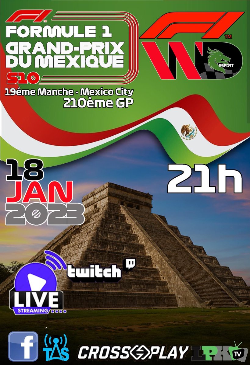 Sbastienvanell1's tweet photo. Rendez Vous Mercredi 21H en direct sur la chaîne Twitch LPK__TV pour le GP du Mexique 19ème Manche de la Saison 5 de F1 des WiseDragons https://t.co/7BkXOESoV3