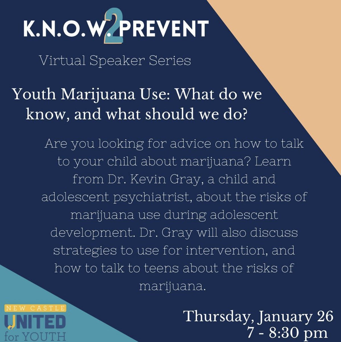 Next week’s KNOW2Prevent speaker is Dr. Kevin Gray, who will be educating parents and guardians about the risks of marijuana use, and providing strategies for how to talk to teens. To register for this event, go to eventbrite.com/e/youth-mariju….