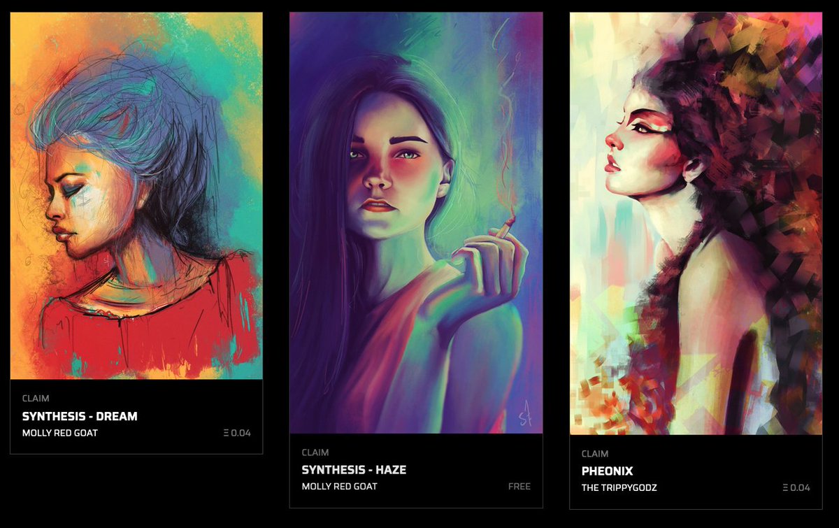 This collection reflects my passion for painting females, and my emotions through the past 5 years, from Vibrant colorful paintings to delicate portraits and sketches.

Each piece is a Limited Edition at 0.04 ETH
and Free Claims monthly for the holders 😋

curate.page/t/SynthesisCol…