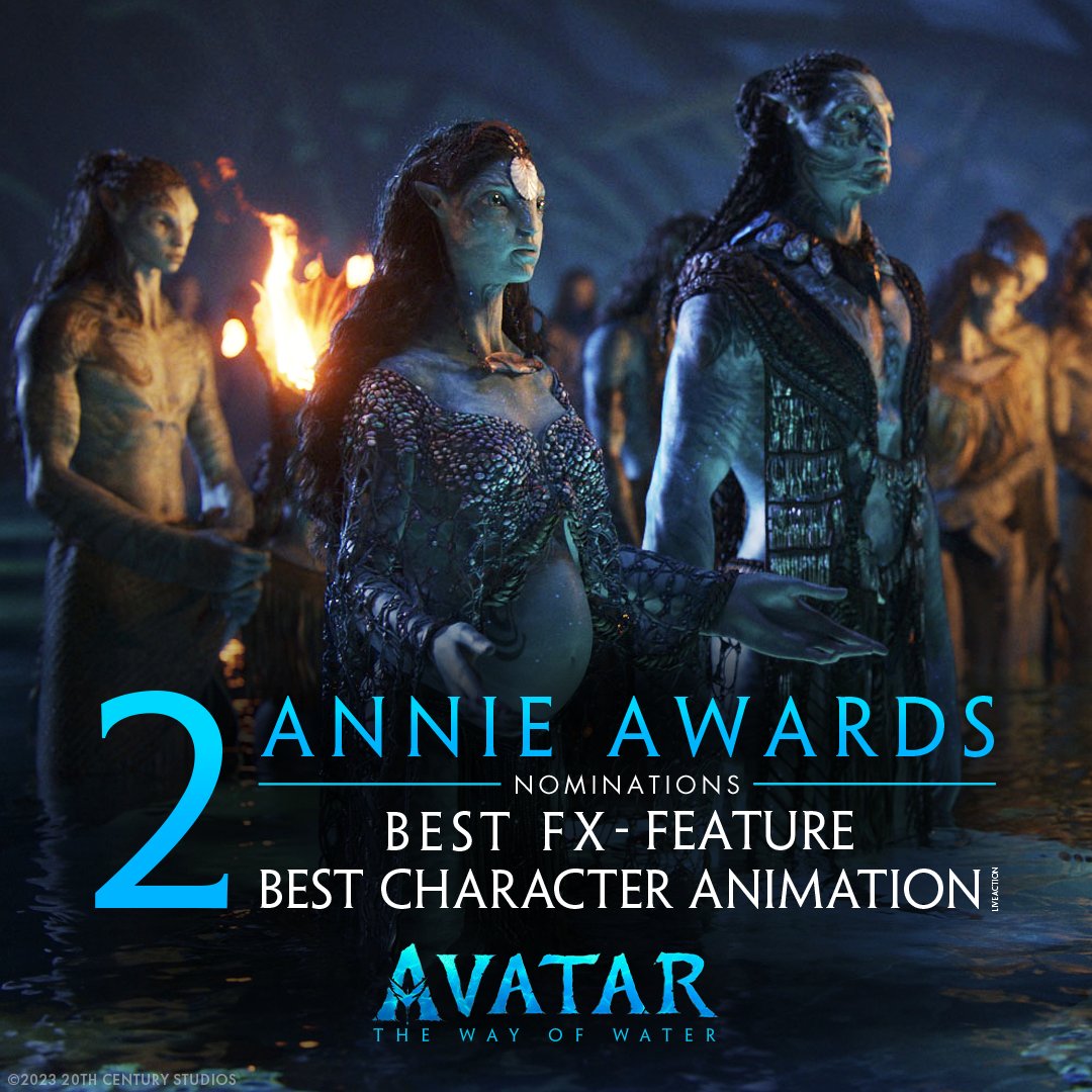 officialavatar's tweet photo. Congratulations to #AvatarTheWayofWater for their two #AnnieAwards nominations including Best Character Animation and Best FX! https://t.co/qnuFIvGjnv