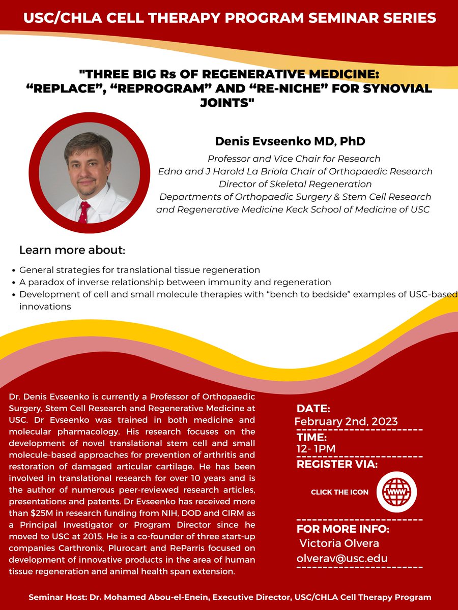 USC/CHLA Cell Therapy Program (@usc_chla_ctp) on Twitter photo Happy New Year! It's almost time for our USC/CHLA #CellTherapyProgram Seminar Series featuring Denis Evseenko MD, PhD. Don't forget to register and join us 🔜Thur, Feb 2. 12 PM (PT). <a href="/USCMESH/">USC MESH ACADEMY</a> @KeckMedUSC <a href="/ChildrensLA/">Children's Hospital LA</a> <a href="/KECKSchool_USC/">Keck School of Medicine of USC</a> usc.zoom.us/meeting/regist… Happy New Year! It's almost time for our USC/CHLA #CellTherapyProgram Seminar Series featuring Denis Evseenko MD, PhD. Don't forget to register and join us 🔜Thur, Feb 2. 12 PM (PT). <a href="/USCMESH/">USC MESH ACADEMY</a> @KeckMedUSC <a href="/ChildrensLA/">Children's Hospital LA</a> <a href="/KECKSchool_USC/">Keck School of Medicine of USC</a> usc.zoom.us/meeting/regist…